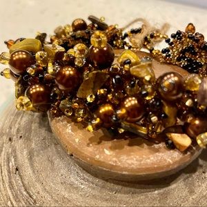 Vintage Amber and Brown Stone and Glass Beaded Woven Bracelet